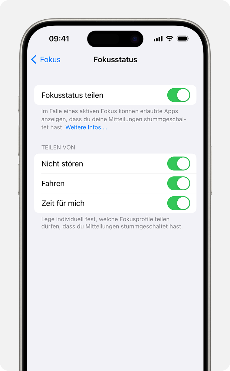 Einstellungen zum Teilen des Fokusstatus unter „Einstellungen“ > „Fokus“ > „Fokusstatus“.