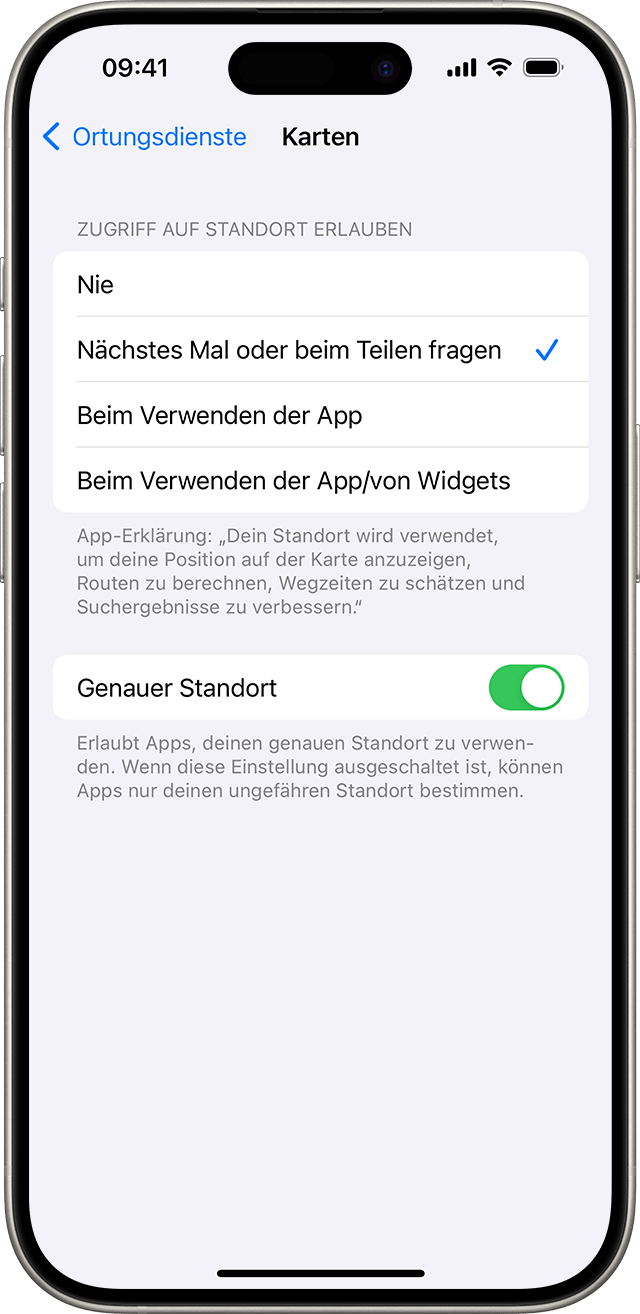 Wenn du „Genauer Standort“ deaktivierst, kannst du nur deinen ungefähren Standort mit der ausgewählten App teilen.