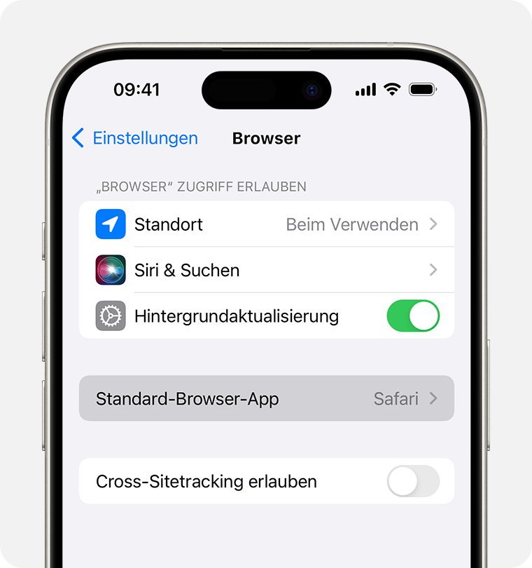 Ein iPhone-Bildschirm, der die Option zum Festlegen eines Standard-Browsers anzeigt