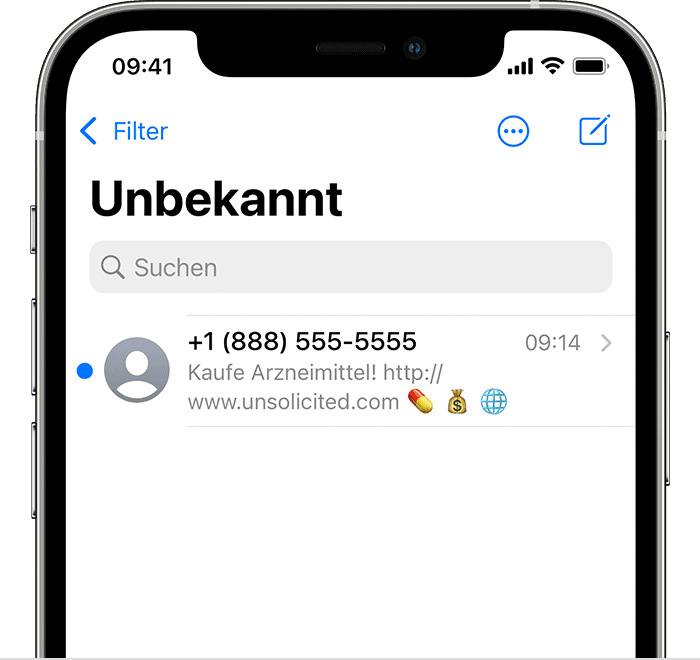 iPhone, das zeigt, wo von unbekannten Absendern ausgefilterte Nachrichten angezeigt werden