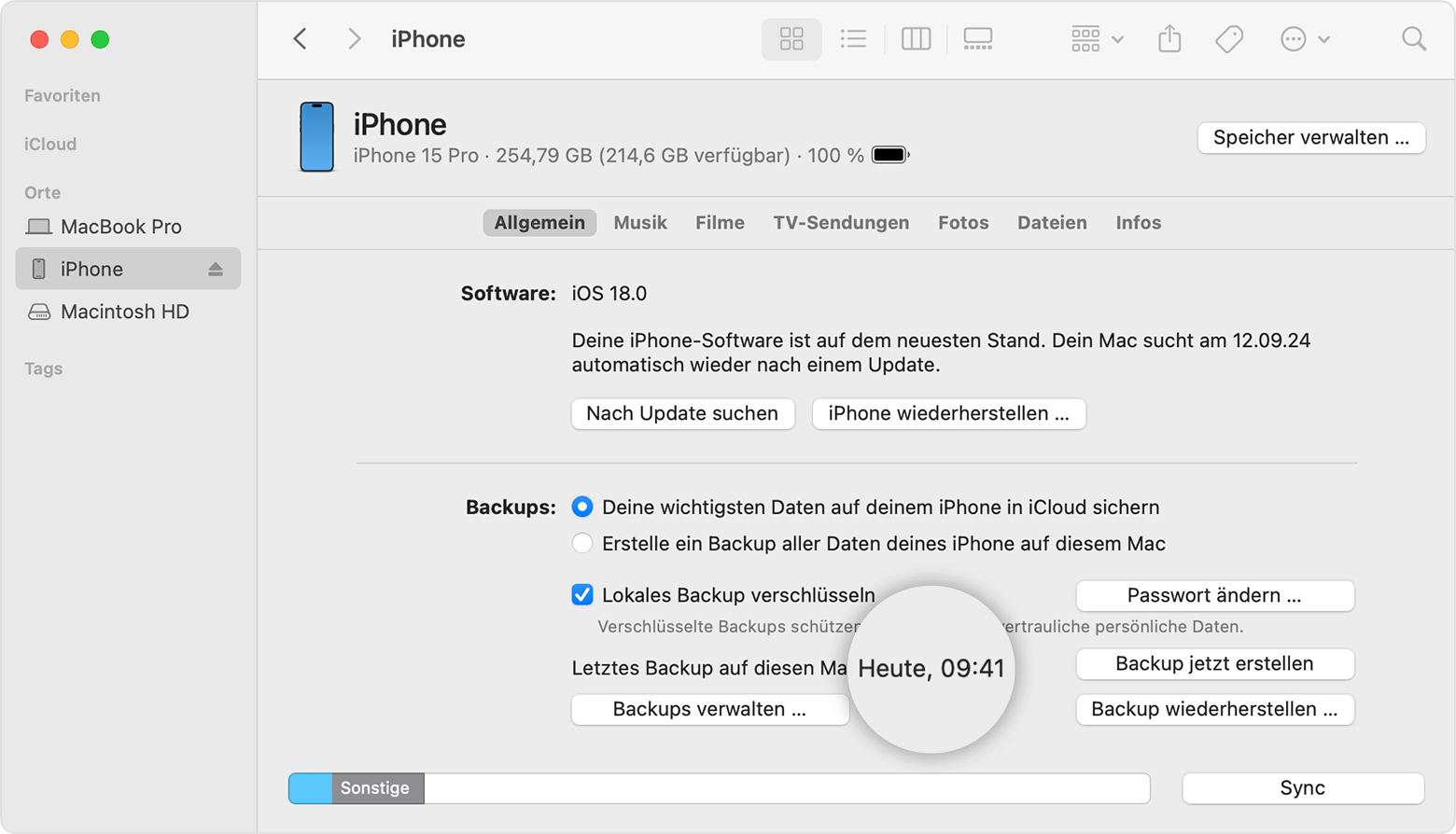 Finder-Fenster mit dem Datum und der Uhrzeit des letzten Backups