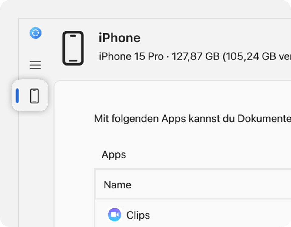 Die App „Apple Geräte“ mit deinem verbundenen Gerät in der Seitenleiste