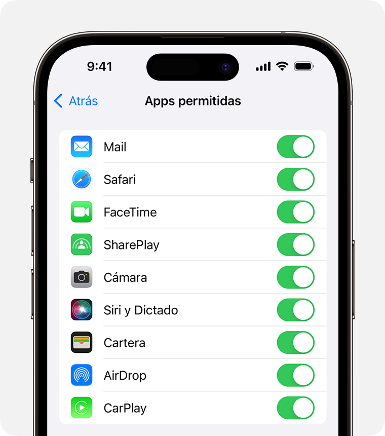 Pantalla de iPhone que muestra las apps permitidas