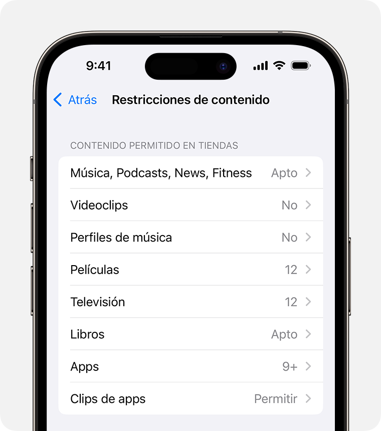 Pantalla de iPhone que muestra las opciones de restricciones de contenido