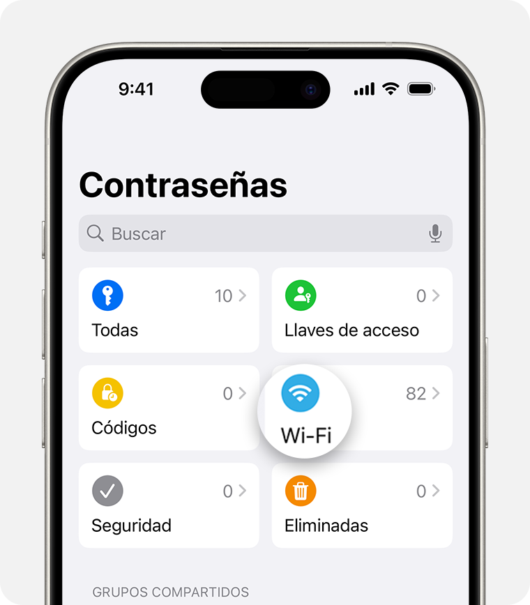 En iOS 18, puedes abrir la app Contraseñas para encontrar información sobre las redes Wi-Fi a las que te has conectado anteriormente.