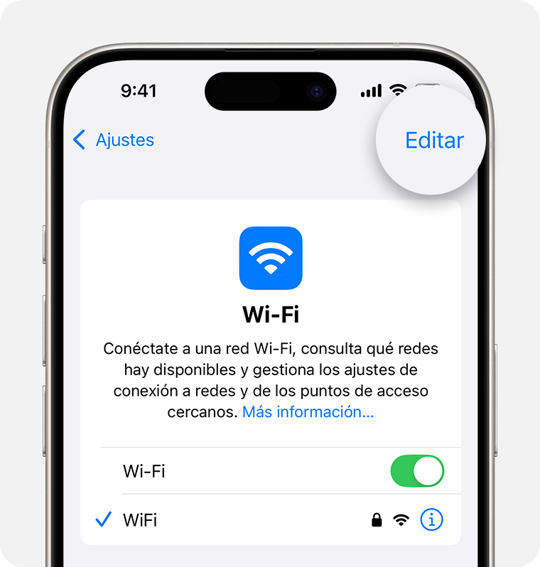 En iOS, para encontrar las contraseñas de las redes Wi-Fi a las que te conectaste anteriormente, ve a Ajustes > Wi-Fi > Editar y, a continuación, pulsa el botón de información que aparece junto a una red.