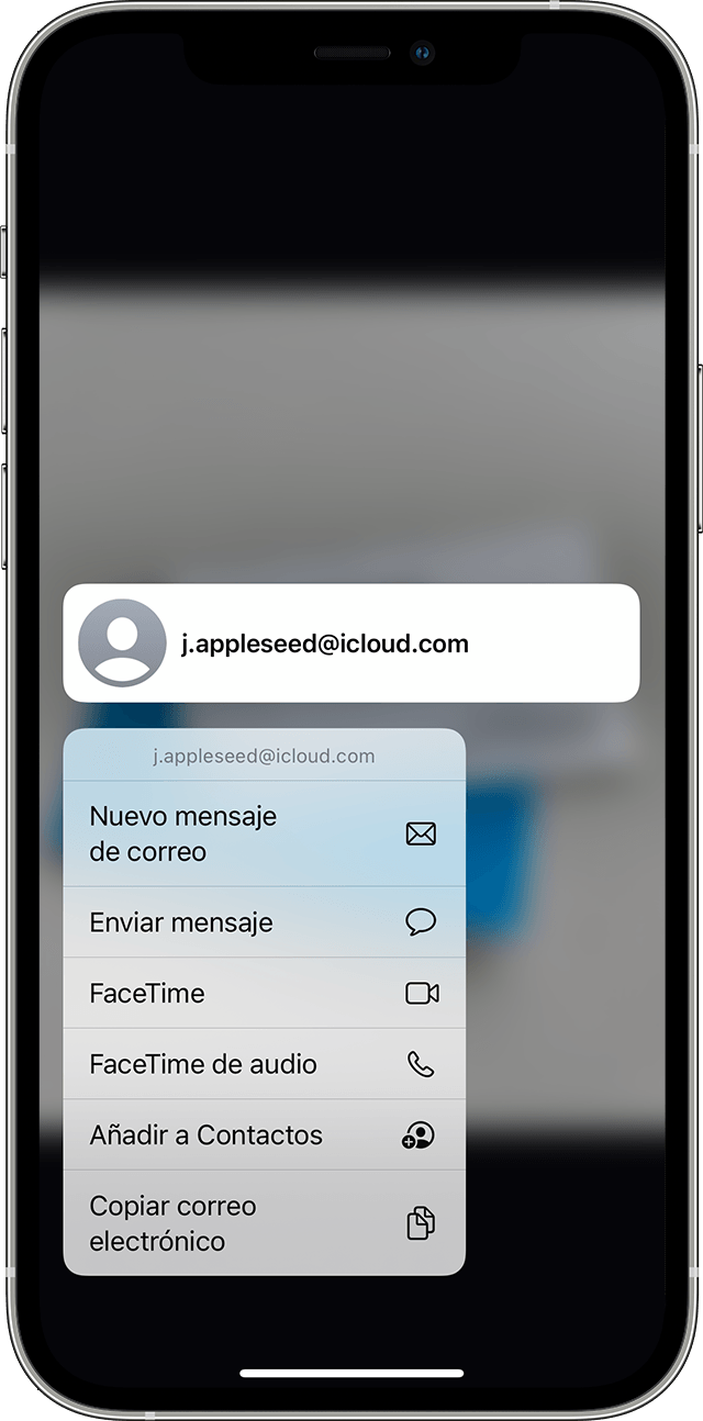 Opciones para hacer una llamada o enviar un correo electrónico con Texto en vivo en el iPhone