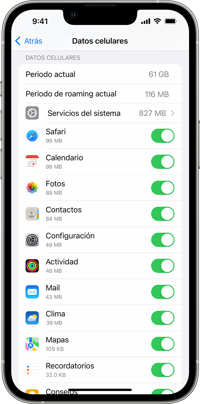 Una pantalla de iPhone en la que se muestra el uso de los datos móviles