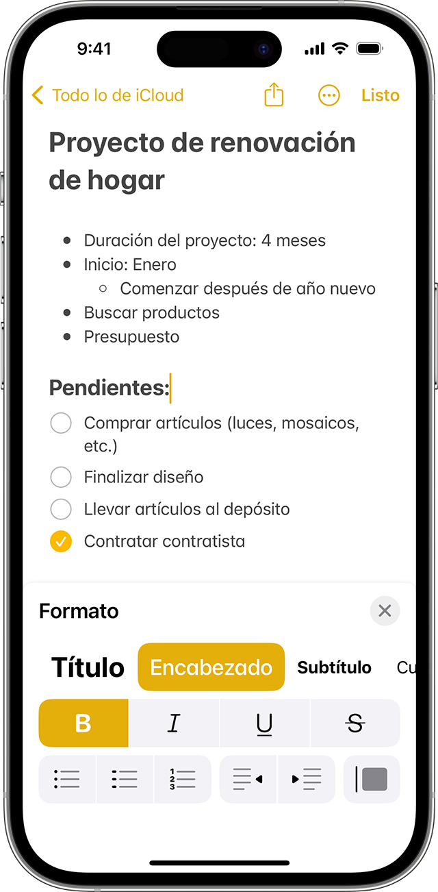 Las opciones de formato en Notas del iPhone