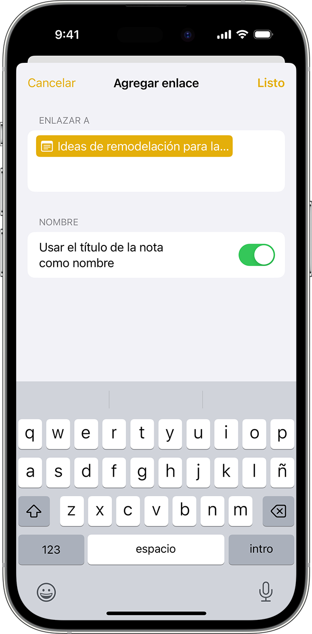 Las opciones para agregar un enlace en Notas en un iPhone con iOS 17 o versiones posteriores.