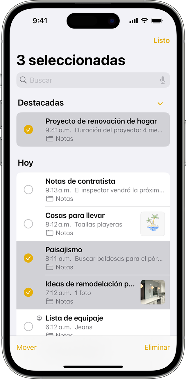 iPhone que muestra cómo mover la nota a otra carpeta en la app Notas.