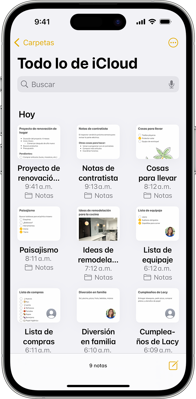 iPhone que muestra el formato de las notas en la visualización como galería.