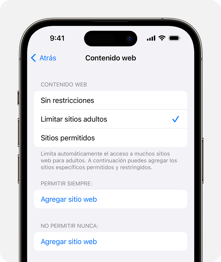 Pantalla de iPhone que muestra las opciones de contenido web para los controles parentales