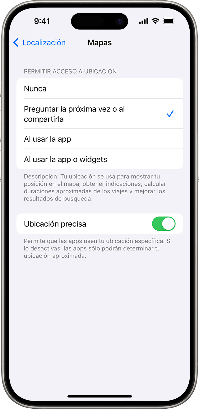 Cuando desactivas Ubicación precisa, solo compartes tu ubicación aproximada con la app seleccionada.