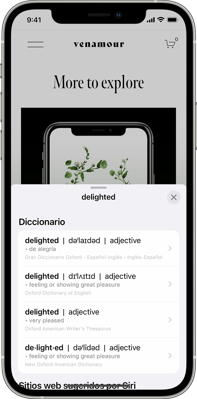 Un usuario de iPhone busca la palabra "encantado" en un diccionario después de usar Texto en vivo para identificar la palabra en una foto