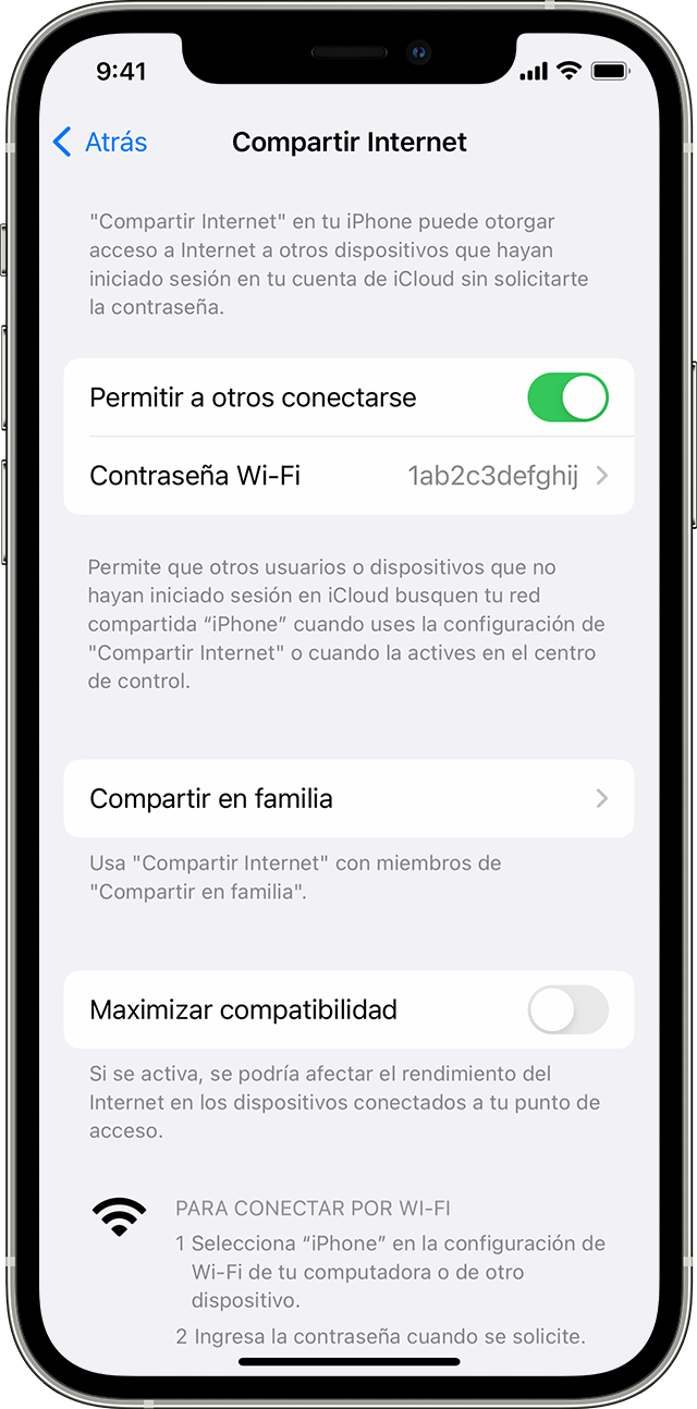 Pantalla del iPhone en la que se muestra la barra de Compartir Internet.