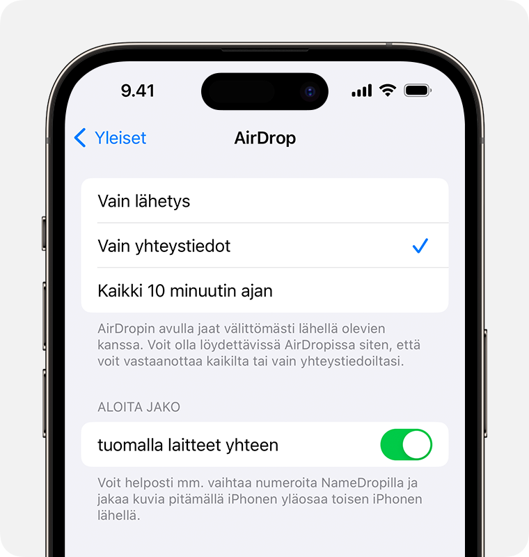 IPhone, jossa näkyvät AirDrop-asetukset, joissa on valittuna Vain yhteystiedot.