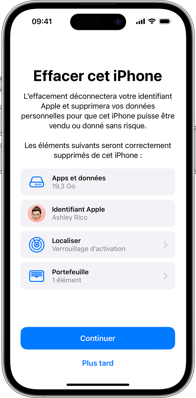 Confirmer que vous souhaitez effacer les données de votre appareil