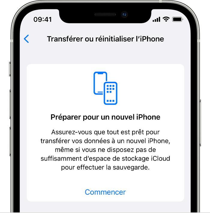 iPhone affichant l’écran Préparer pour un nouvel iPhone