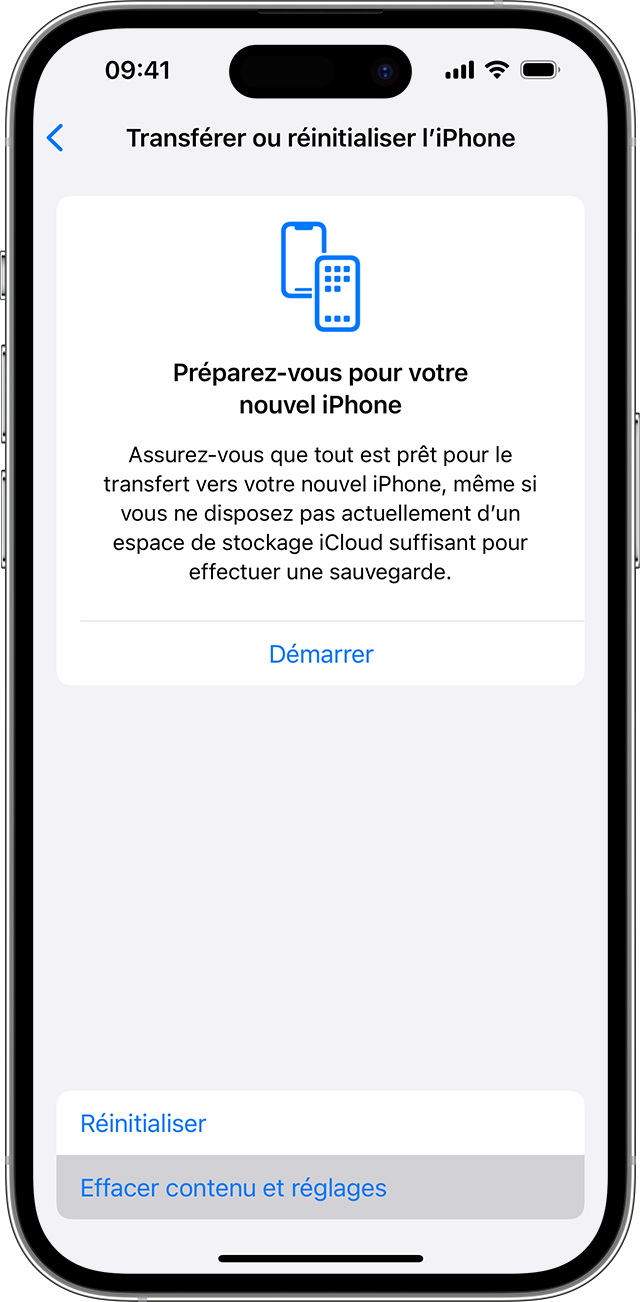 Dans les réglages de l’iPhone, touchez Effacer contenu et réglages pour supprimer vos informations personnelles.