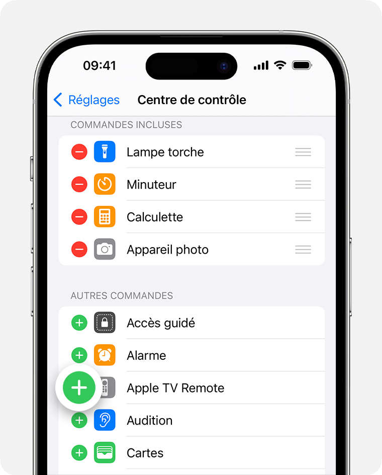 Le bouton Ajouter en regard d’Apple TV Remote est mis en surbrillance sous Autres commandes