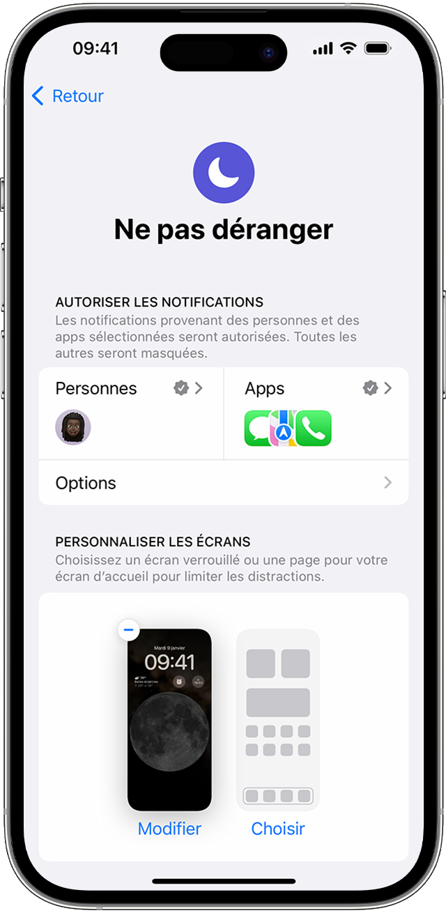 Dans les réglages Ne pas déranger, vous pouvez choisir des personnes ou des apps pour recevoir leurs notifications lorsque votre Réglage Concentration est activé.