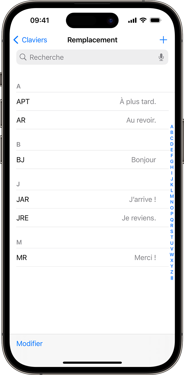 Liste de raccourcis de texte configurés pour une utilisation sur votre iPhone. 