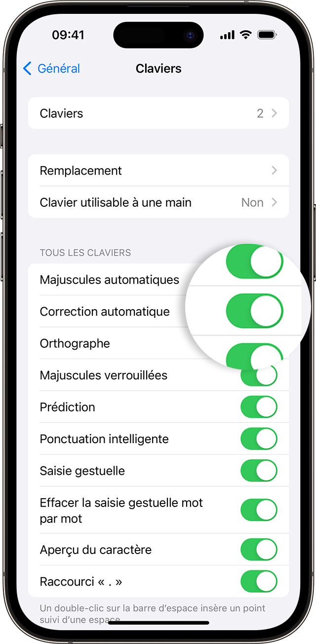 Écran d’iPhone montrant comment activer la correction automatique.