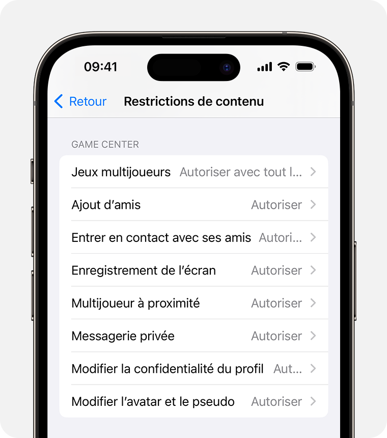 Écran d’iPhone présentant les options de restriction de contenu pour le contrôle parental 