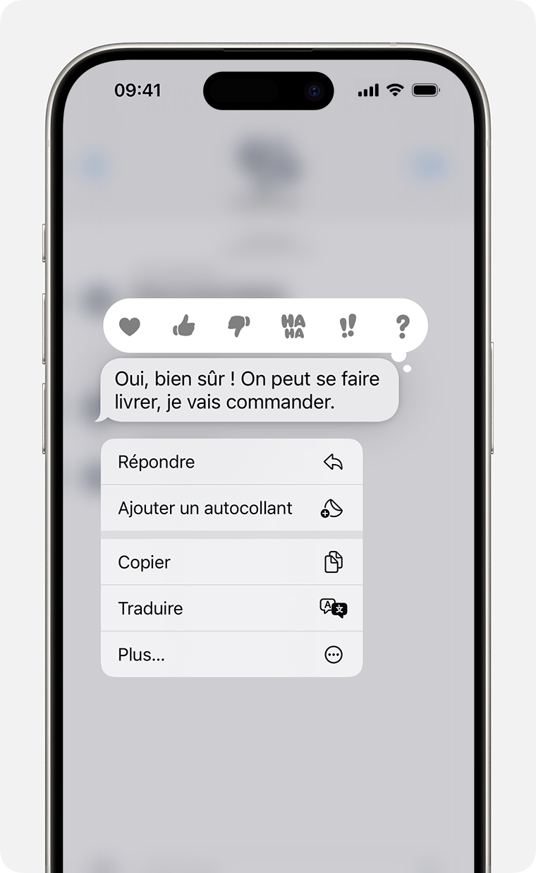 iPhone affichant le menu de réponse ciblée après un appui prolongé sur une bulle de message pour envoyer une réponse ciblée