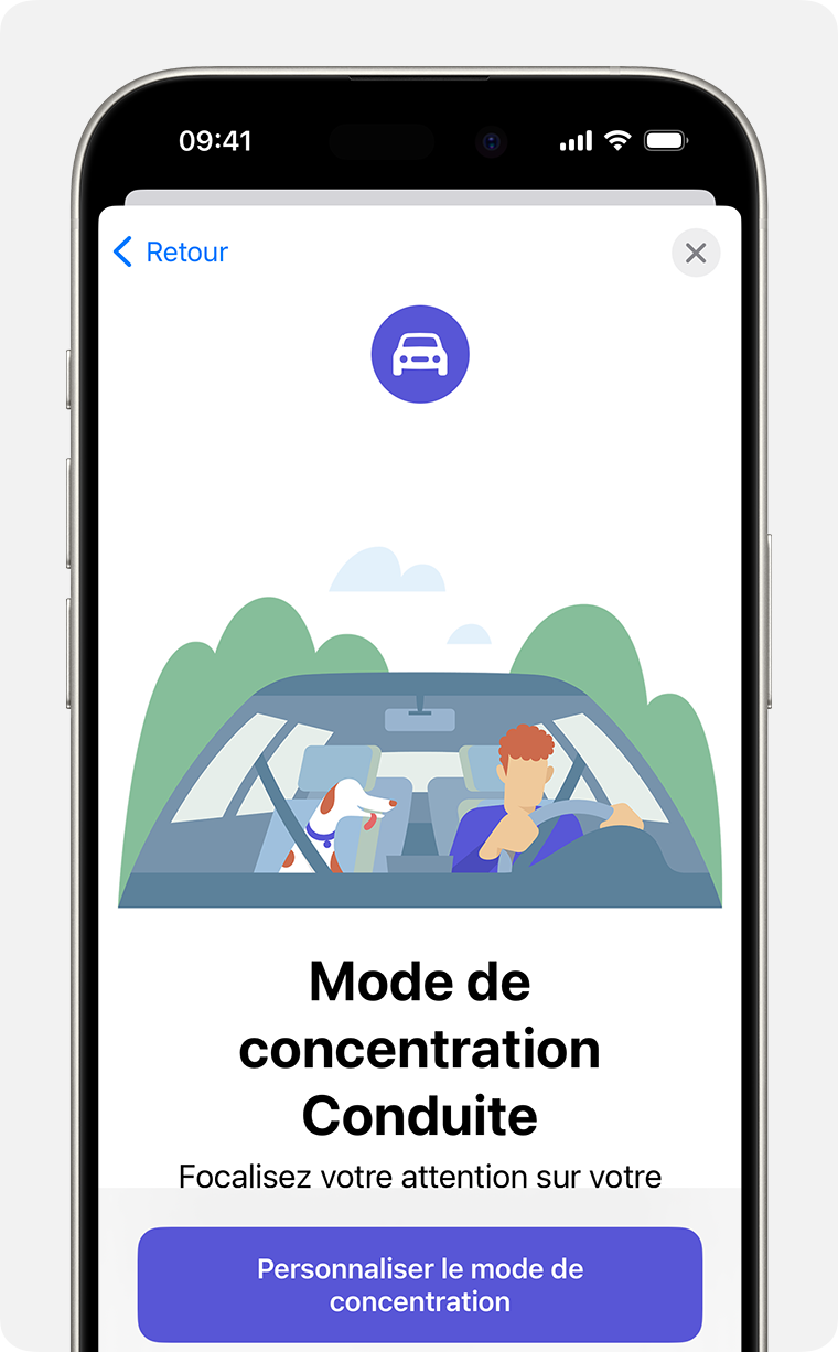 Écran initial de configuration du mode de concentration Conduite sous Réglages > Concentration