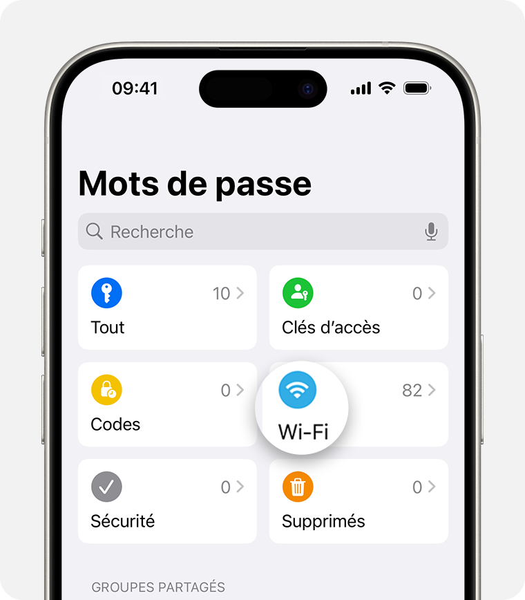 Sous iOS 18, vous pouvez ouvrir l’app Mots de passe pour trouver les informations relatives aux réseaux Wi-Fi auxquels votre appareil a déjà été connecté.