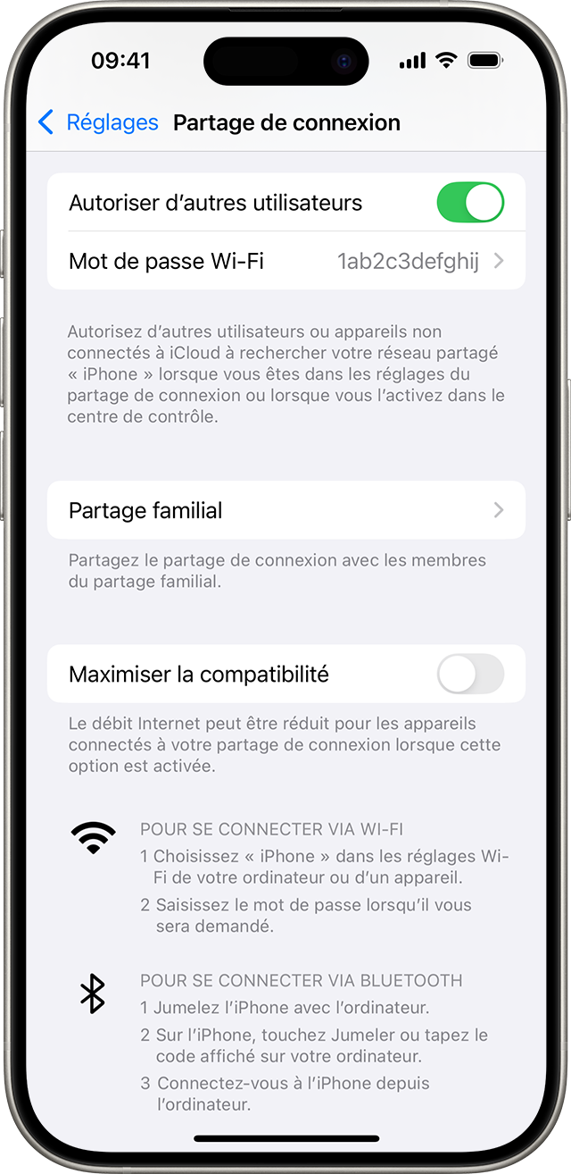 Écran d’un iPhone montrant les réglages Partage de connexion