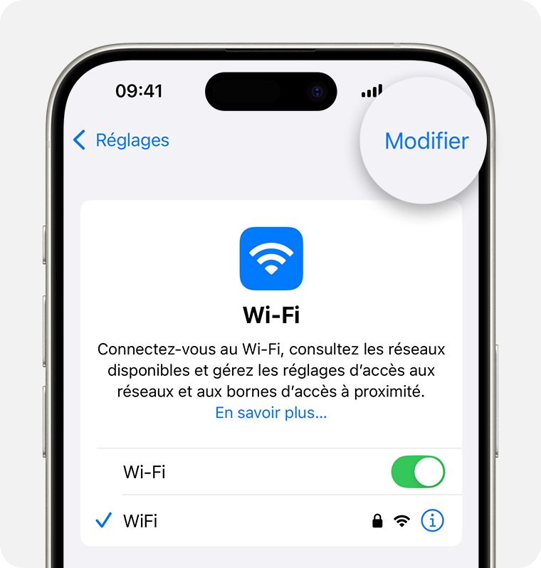 Sous iOS, pour trouver les mots de passe des réseaux Wi-Fi auxquels votre appareil s’est déjà connecté, accédez à Réglages > Wi-Fi > Modifier, puis touchez le bouton d’informations à côté d’un réseau.