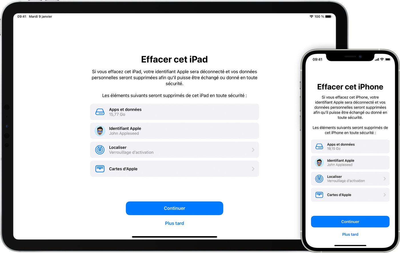 iPad et iPhone montrant les éléments qui sont supprimés si vous effacez votre appareil