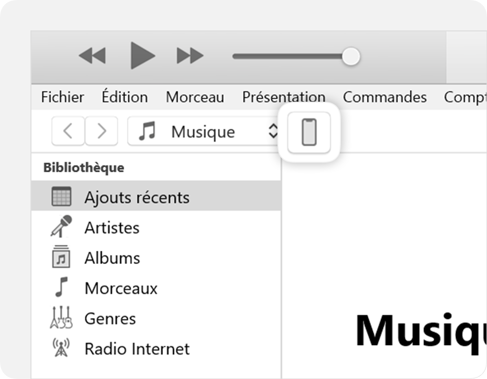 Fenêtre iTunes affichant une icône de votre appareil connecté dans l’angle supérieur droit