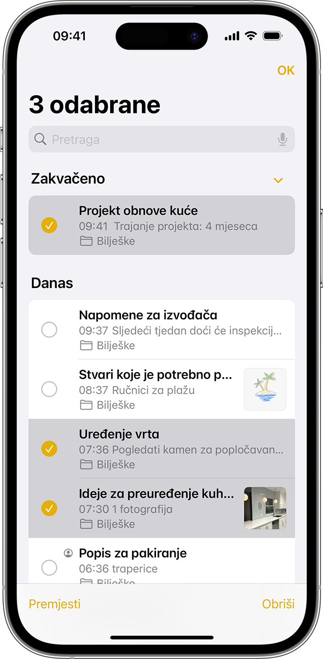 iPhone na kojem se prikazuje kako premjestiti bilješku u drugu mapu u aplikaciji Bilješke.