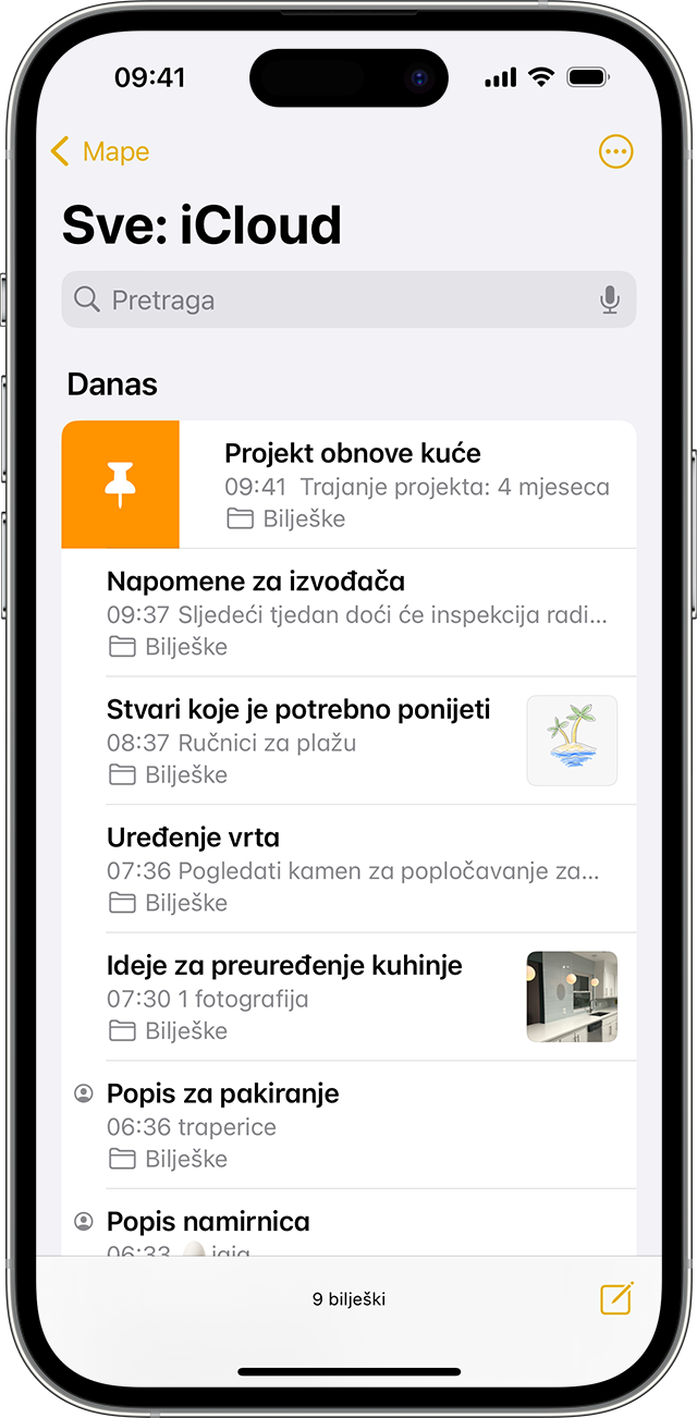 iPhone na kojem se prikazuje se kako prikvačiti bilješku u aplikaciji Bilješke.