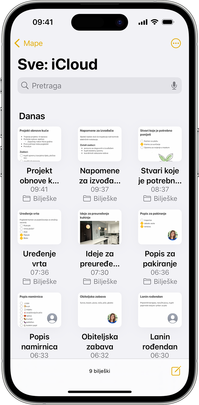 Na iPhone uređaju prikazuje se kako bilješke izgledaju u prikazu galerije.