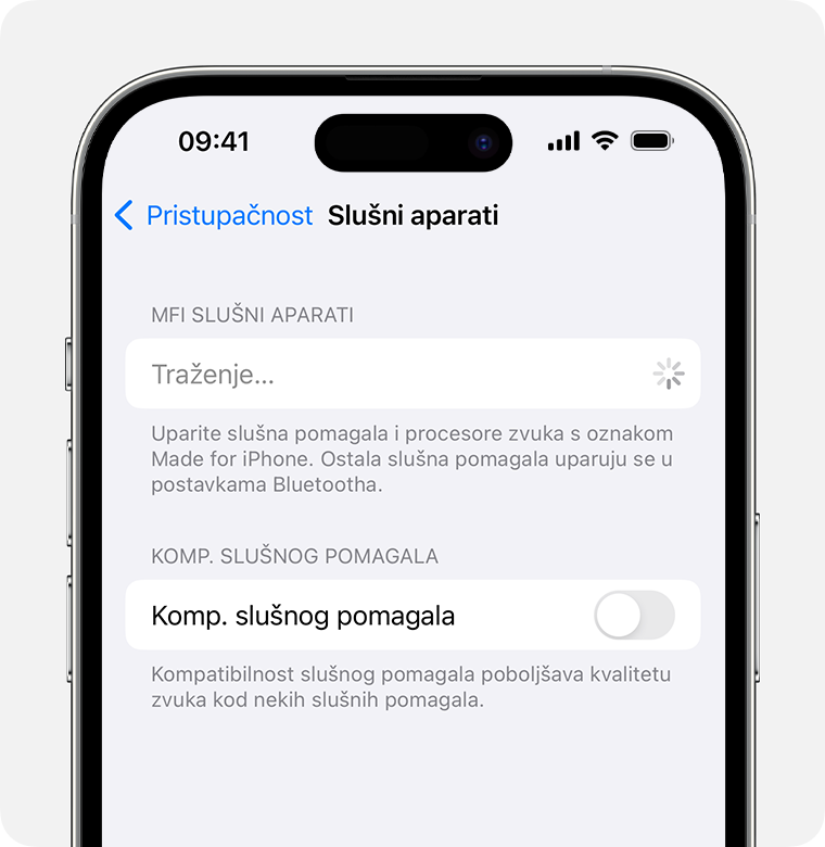 Postavke slušnih pomagala tijekom pretraživanja MFi slušnih pomagala