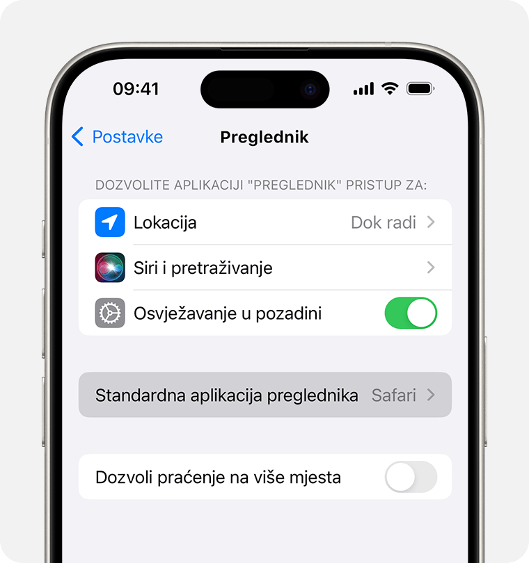 Zaslon iPhone uređaja s prikazanom opcijom za podešavanje zadanog preglednika