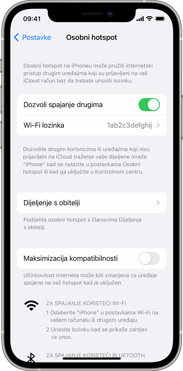 iPhone zaslon koji prikazuje traku osobnog hotspota.