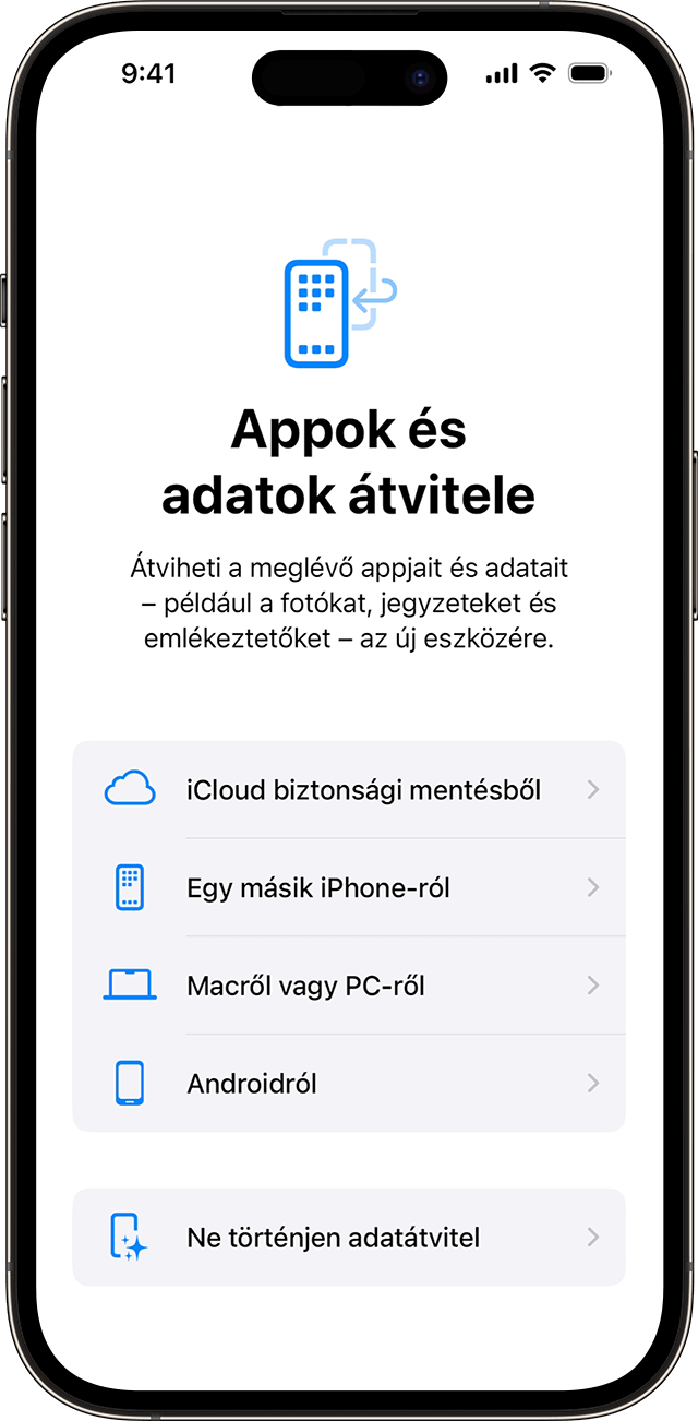 Az Appok és adatok átvitele beállításai, amikor beállít egy iPhone-t az iOS 17 rendszerben