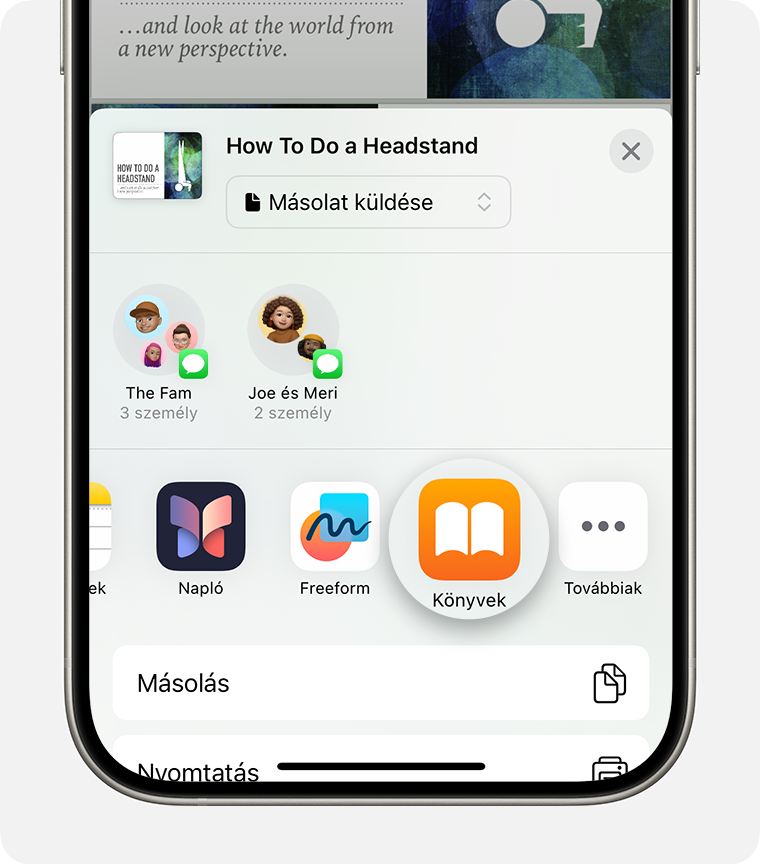 Az iPhone képe, amelyen látszik, hogyan lehet PDF-fájlt menteni a Könyvek appba