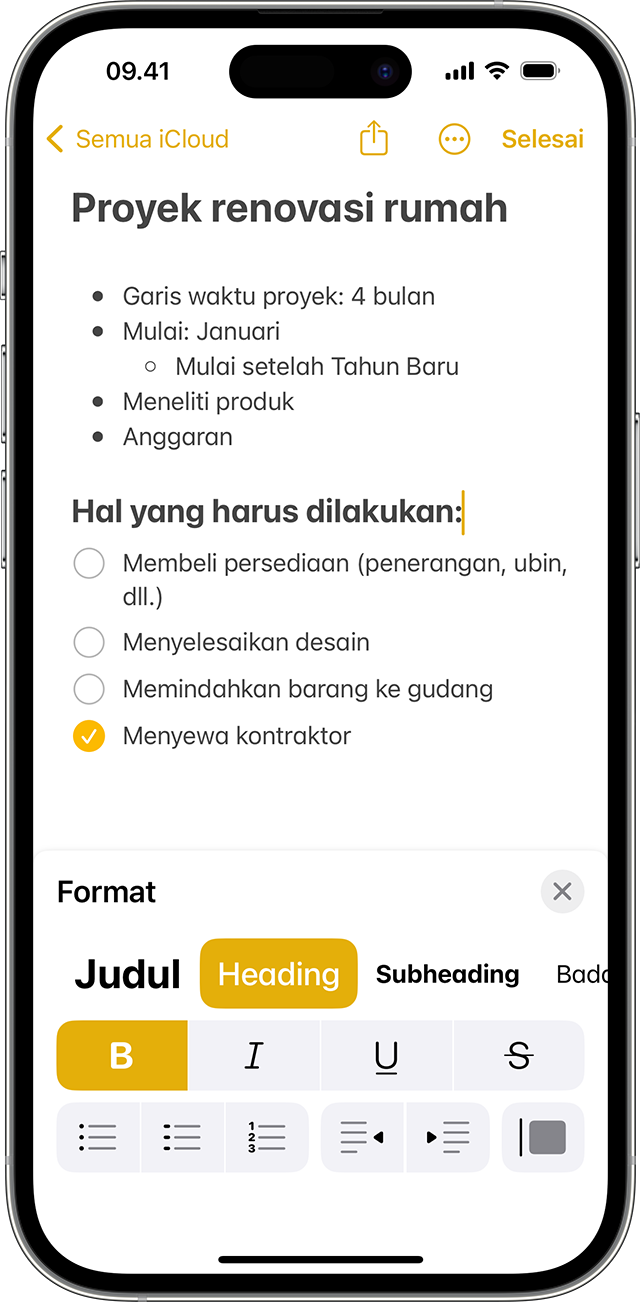 Opsi format di Catatan di iPhone