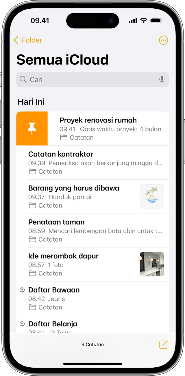 iPhone menunjukkan cara membuat pin catatan di app Catatan.