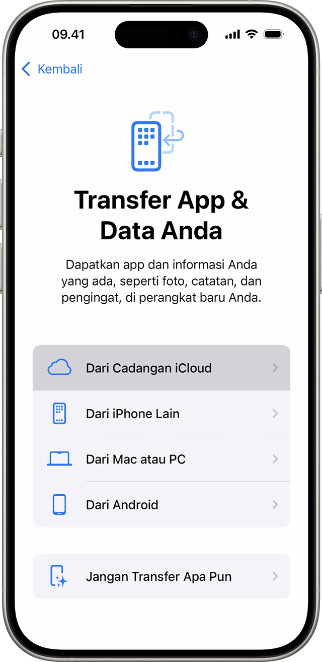 iPhone yang menampilkan layar App & Data dengan "Pulihkan dari Cadangan iCloud" dipilih