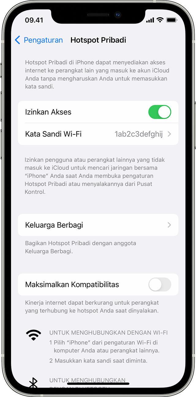 Layar iPhone menampilkan bar Hotspot Pribadi.