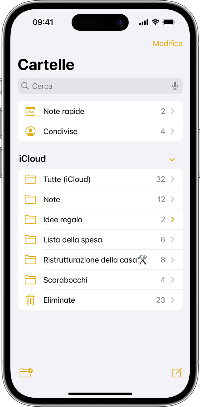 iPhone che mostra come creare una cartella nell'app Note.