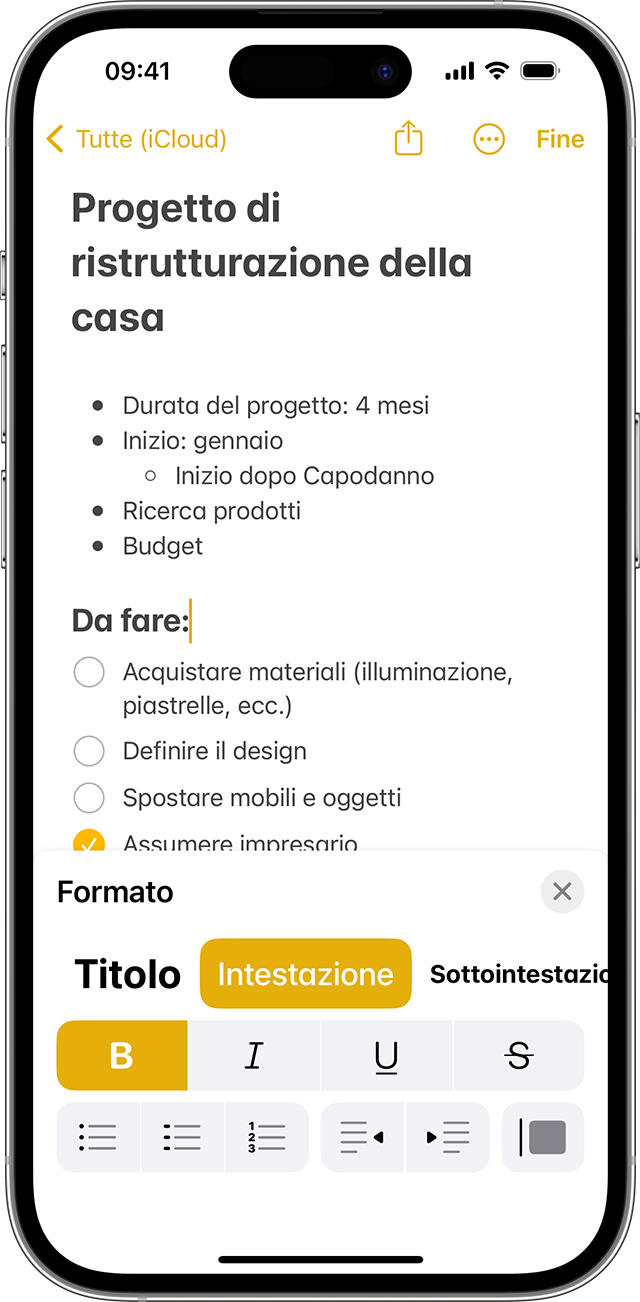 Le opzioni di formato in Note su iPhone